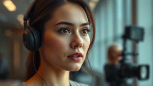 Professional actress in modern film setting, thoughtful expression, contemporary lighting, close-up portrait style, cinematic quality, no text or interface elements visible