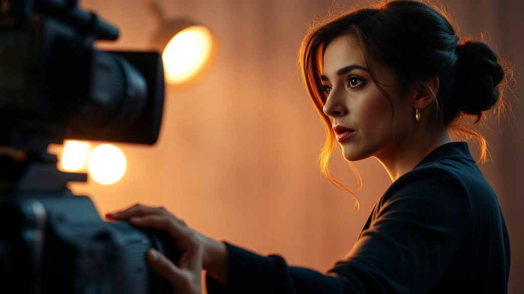 Film production scene with actress during dramatic moment, emotional intensity conveyed through facial expression and body language, professional cinematography, studio lighting setup