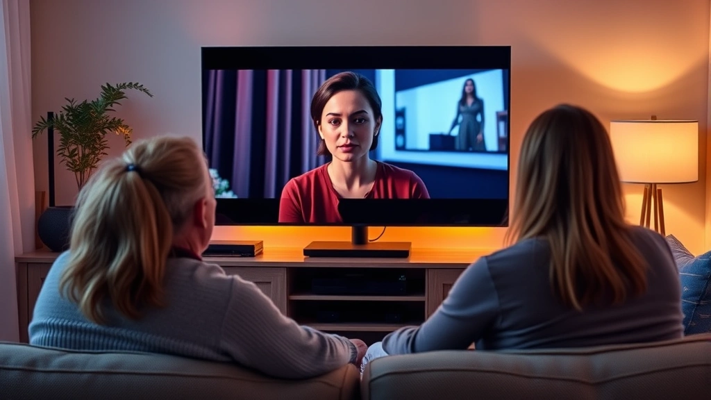 Streaming platform viewing scenario showing actress's performance on screen, viewer engagement moment, modern home entertainment setup, warm ambient lighting, no visible text on screen