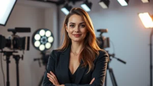 Professional female actor in modern studio lighting, confident pose, contemporary setting, digital media background with soft focus film reels and projection equipment, warm professional atmosphere