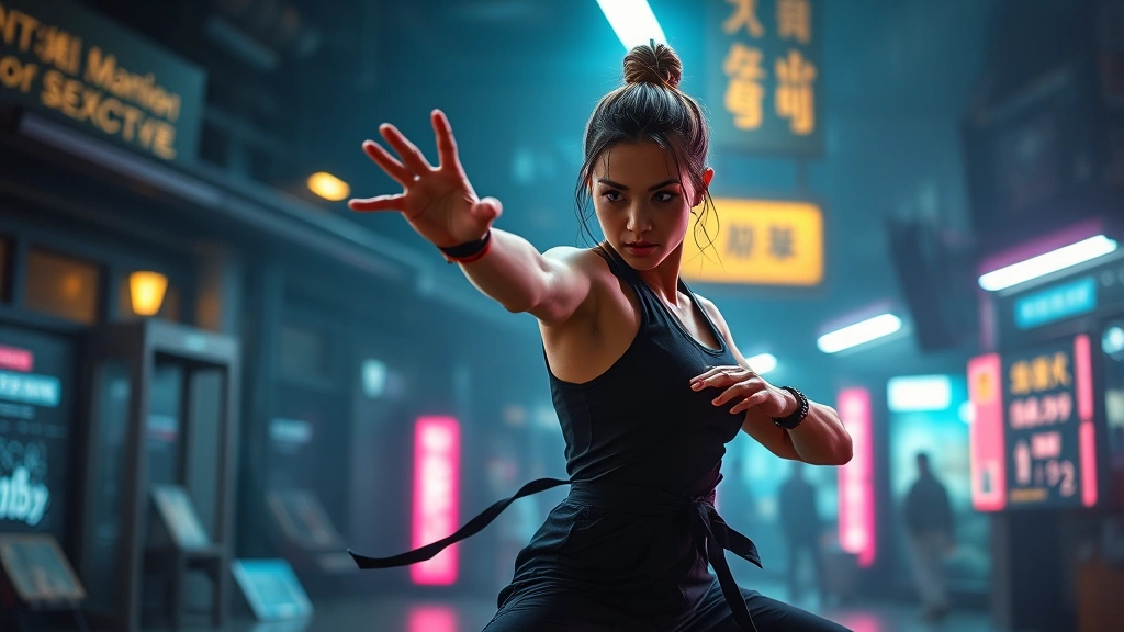 Action scene choreography visualization, female performer in dynamic martial arts stance, cyberpunk aesthetic environment, neon digital elements, motion blur suggestion, professional cinematography lighting
