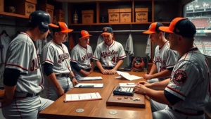 Professional baseball players in vintage 1990s uniforms in a locker room, discussing strategy around a table with clipboards and baseball equipment visible, natural stadium lighting, authentic athletic camaraderie and focus