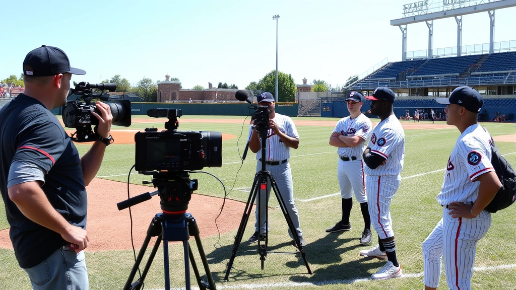 Behind-the-scenes film production on a baseball field with camera equipment, director working with actors in baseball uniforms, professional filmmaking setup, collaborative creative environment, natural daylight