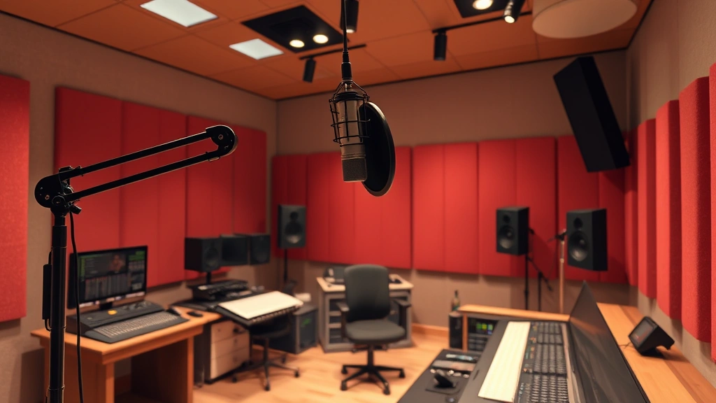 Professional voice recording studio interior with high-fidelity microphone on boom arm, sound engineering console, and acoustic foam-lined walls where animated film voice actors perform dialogue
