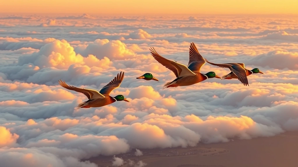 Vibrant animated mallard duck characters in dynamic flight formation soaring across golden hour sky with layered clouds and distant landscape terrain below