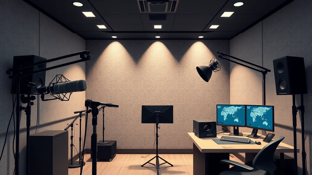 Modern animation recording booth interior showing professional microphone setup, director's station with monitors, and soundproof isolation room used for capturing voice performances