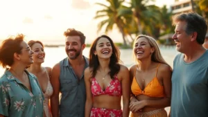 Diverse group of adults laughing together at a tropical resort beach setting, casual summer clothing, golden hour lighting, genuine friendship and joy visible on faces, no text or logos
