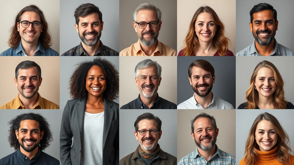 Professional headshots style arrangement of smiling actors in casual attire, warm studio lighting, natural expressions of confidence and approachability, diverse ensemble representation