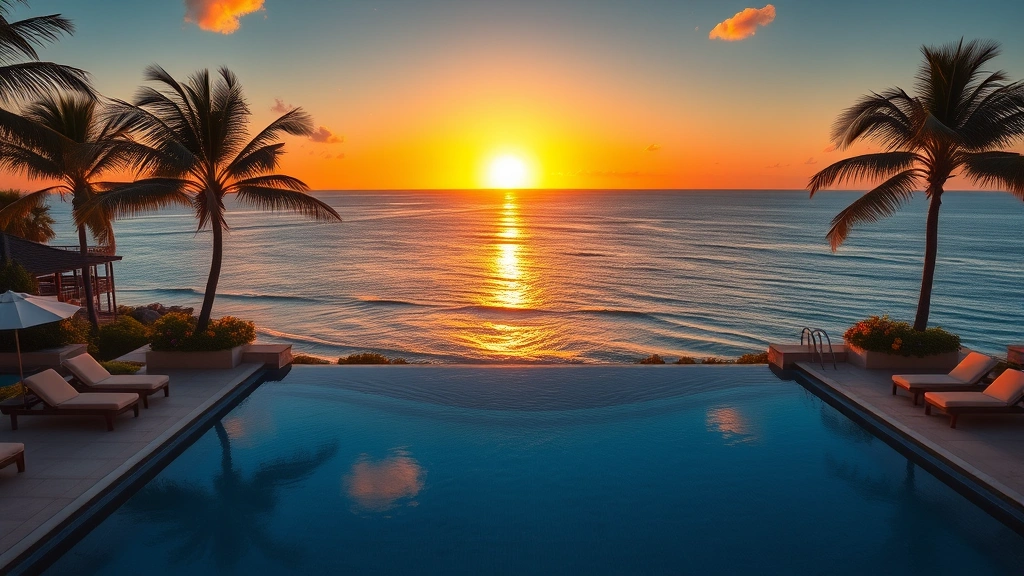 Tropical island resort infinity pool overlooking ocean at sunset, luxury loungers and palm trees, warm golden light reflecting on water, peaceful vacation atmosphere, no people or text visible