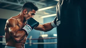 Professional boxer in training montage, focused intensity during heavy bag work, dramatic lighting in modern gym facility, sweat and determination visible, athletic physique mid-punch, no text or logos visible