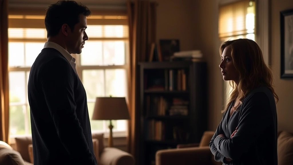 Two actors in deep emotional conversation scene, intimate character moment in modest apartment setting, warm natural lighting through windows, authentic dialogue expression, vulnerable facial expressions captured, no visible text