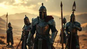 Cinematic wide shot of medieval crusader armor and weapons displayed against dramatic desert landscape lighting, photorealistic, no text or interfaces visible