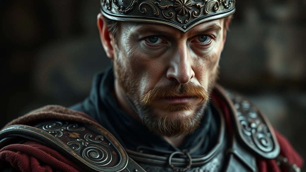 Close-up of actor in character wearing ornate medieval crusader costume with serious contemplative expression, dramatic side lighting, photorealistic, no visible text