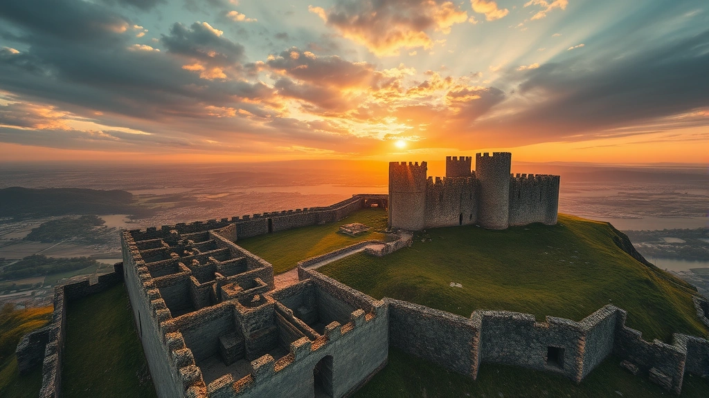 Sweeping aerial view of historical fortress or castle ruins at golden hour with dramatic sky, photorealistic cinematic composition, no text or labels
