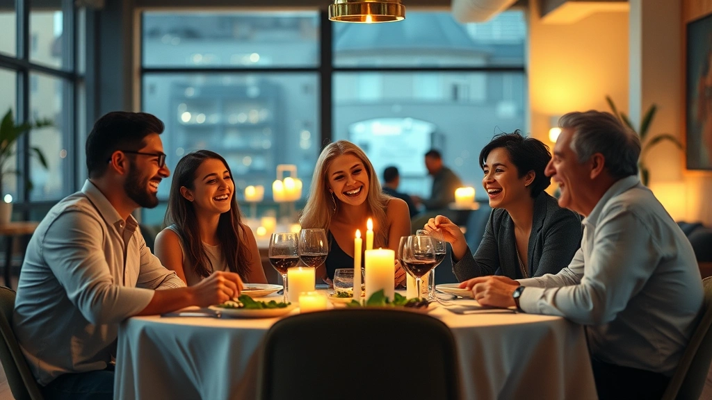 Diverse group of five friends laughing together at a dinner table in a modern London loft, candlelit intimate setting, genuine joy and camaraderie, sophisticated 1990s aesthetic