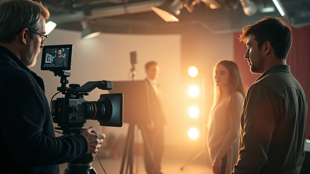 Behind-the-scenes film production moment showing director working with actors during emotional scene, professional cinema equipment visible, collaborative creative atmosphere, focused intensity