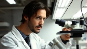 Keanu Reeves in professional attire examining scientific equipment in modern research laboratory, fluorescent lighting, focused expression, contemporary 1990s setting, clean technological environment