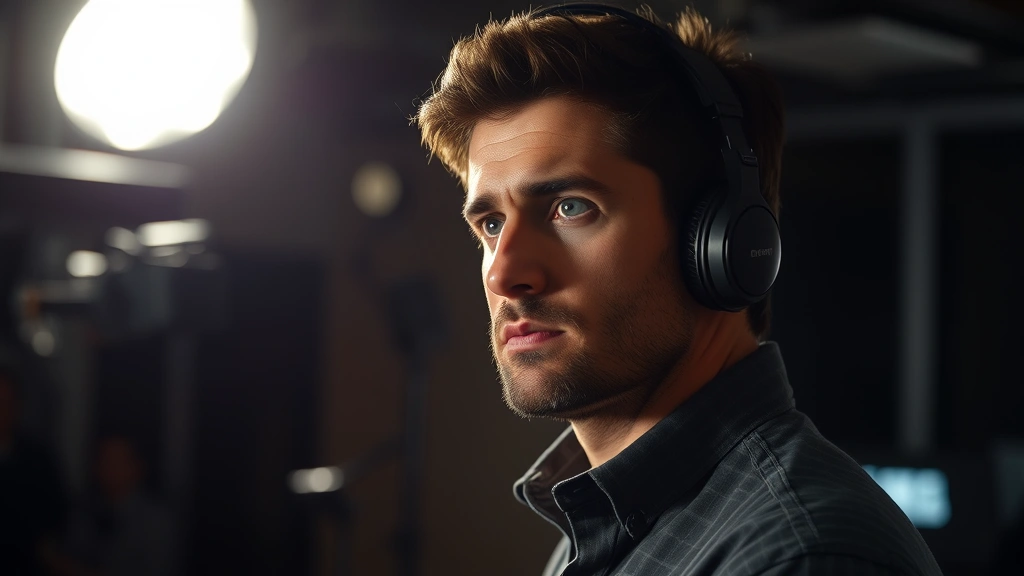 Professional actor in modern film set, dramatic lighting, contemplative expression, cinematic depth of field, contemporary production environment