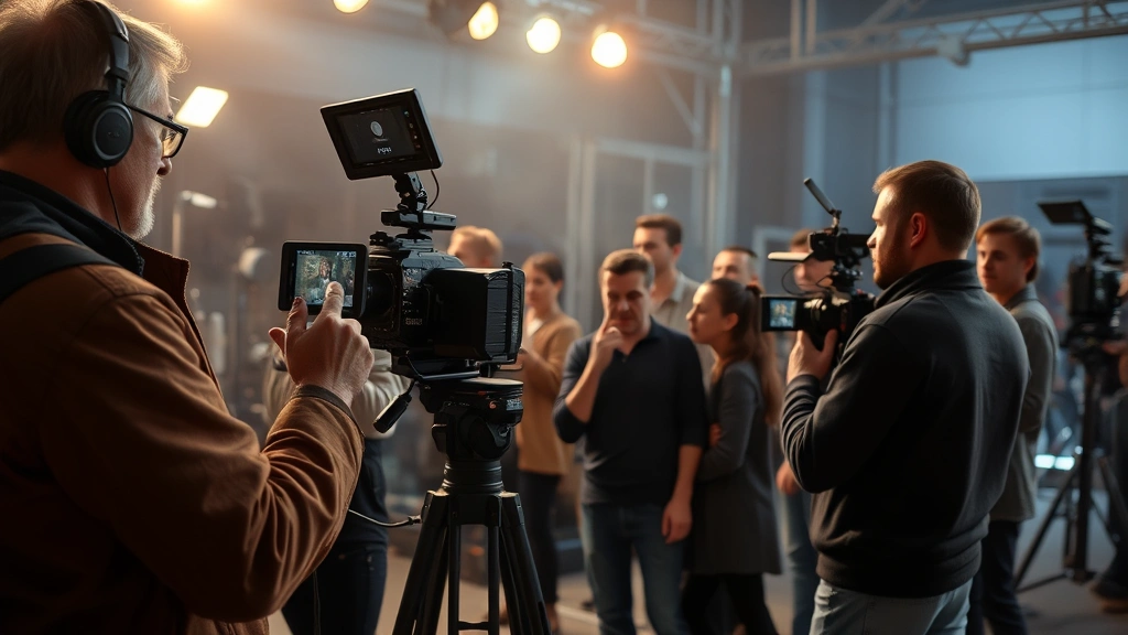 Film production scene with director and crew, cameras and equipment visible, collaborative creative atmosphere, professional studio setting, focused intensity