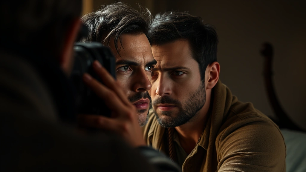 Actor in character during dramatic scene, emotional performance moment, intimate camera framing, naturalistic lighting, psychological intensity captured authentically