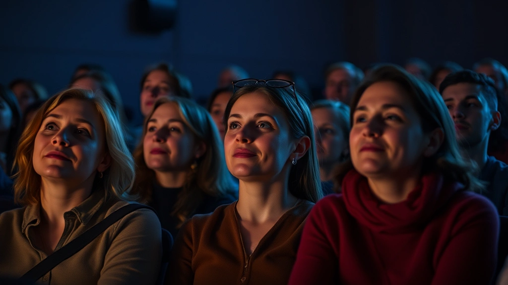 Diverse audience members in intimate cinema viewing space, faces illuminated by screen light, expressions showing emotional engagement and contemplative response to film