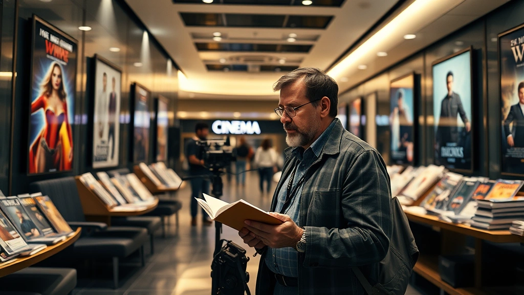 Film critic taking notes in modern cinema lobby, surrounded by movie posters and review publications, representing critical discourse and film analysis community