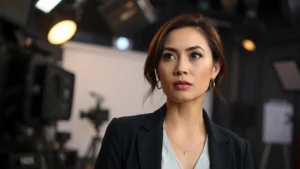 Professional female actor in modern film studio setting, thoughtful expression, dramatic lighting, contemporary theatrical environment, no visible text or screens