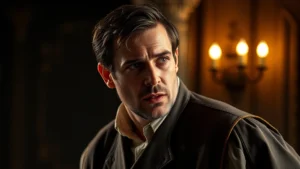 Professional film actor in dramatic scene wearing period costume, intense emotional expression, cinematic lighting, shallow depth of field, documentary-style photography of serious dramatic performance