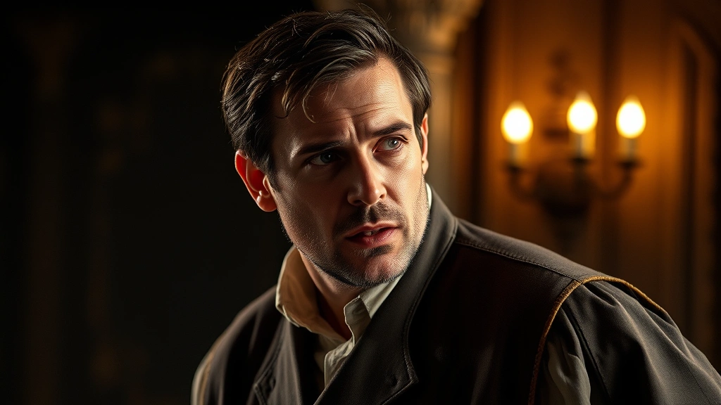 Professional film actor in dramatic scene wearing period costume, intense emotional expression, cinematic lighting, shallow depth of field, documentary-style photography of serious dramatic performance