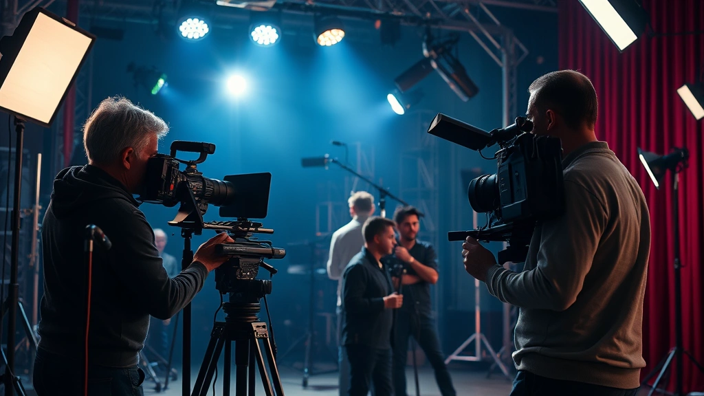 Film production set with professional lighting equipment, director and cinematographer collaborating, movie cameras and grip equipment visible, theatrical dramatic atmosphere, behind-the-scenes filmmaking documentation