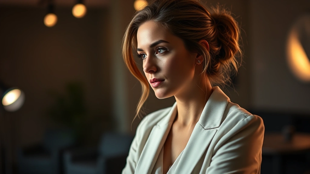 Professional actress in dramatic scene, emotional expression, soft studio lighting, warm color palette, contemporary professional setting, depth of field photography