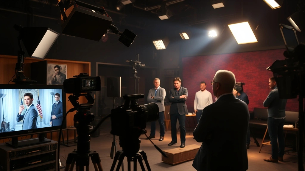 Television production set with actors in scene, dramatic lighting setup, professional cinematography, behind-the-scenes atmosphere, modern studio environment, cinematic composition