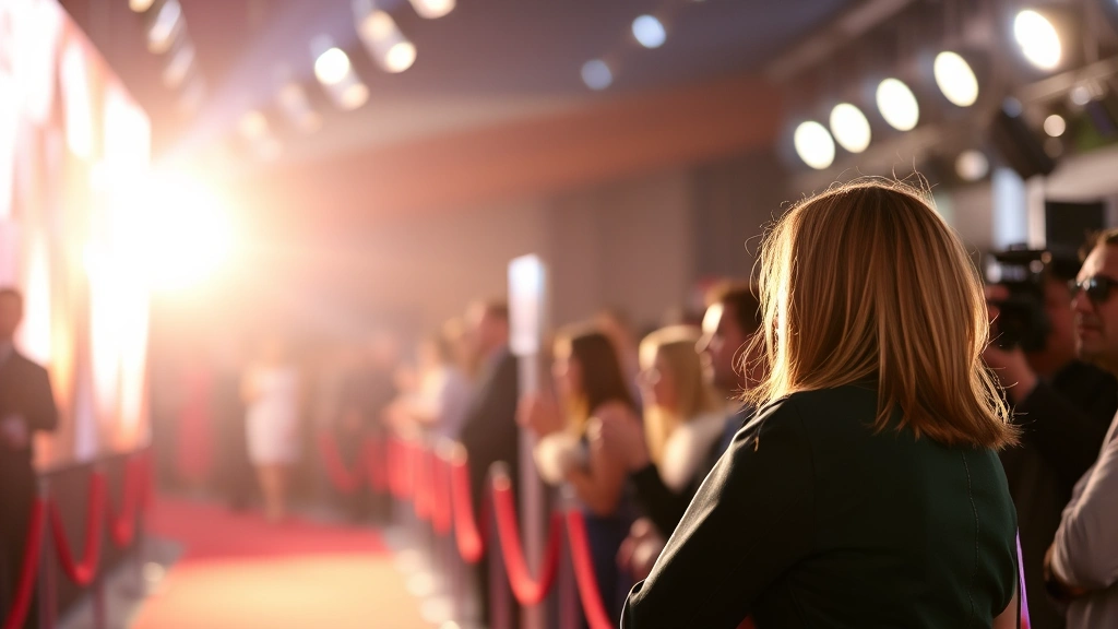 Film premiere or entertainment event, professional atmosphere, sophisticated lighting, contemporary fashion, celebrity industry setting, elegant background blur, photorealistic quality