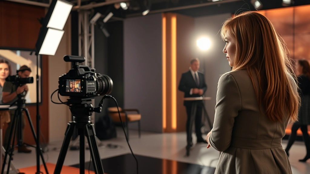 Professional actress on television set during dramatic scene, professional lighting setup, emotional performance moment, modern production environment with cameras visible in background