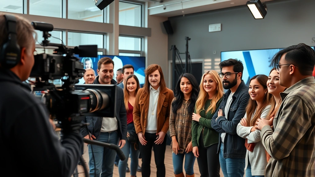 Diverse cast members in contemporary television production, modern studio setting with professional cinematography equipment, collaborative scene work between actors, high-end production quality