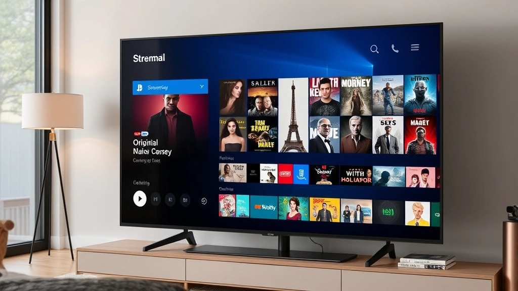 Streaming service interface displaying original content library, digital media consumption on smart television, contemporary entertainment technology, modern living room viewing setup