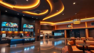 Modern cinema lobby with contemporary design elements, warm ambient lighting, sleek ordering counter with digital menu boards, contemporary furniture and lounge seating areas, professional photography capturing upscale venue atmosphere without visible screens or text
