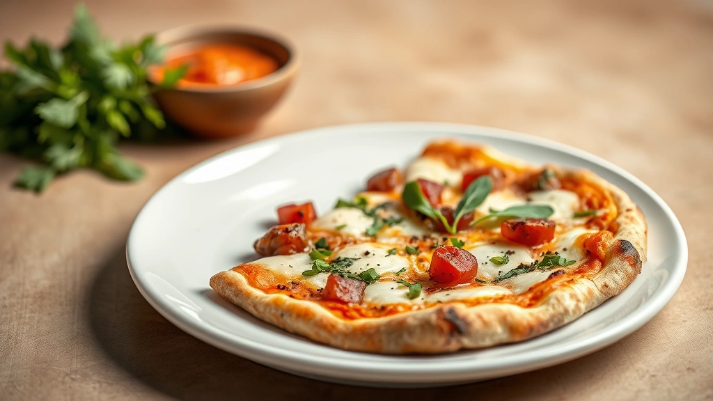 Gourmet flatbread pizza on white plate with fresh herbs, specialty toppings, professional food styling and photography, shallow depth of field, warm natural lighting highlighting food texture and preparation quality, isolated against neutral background