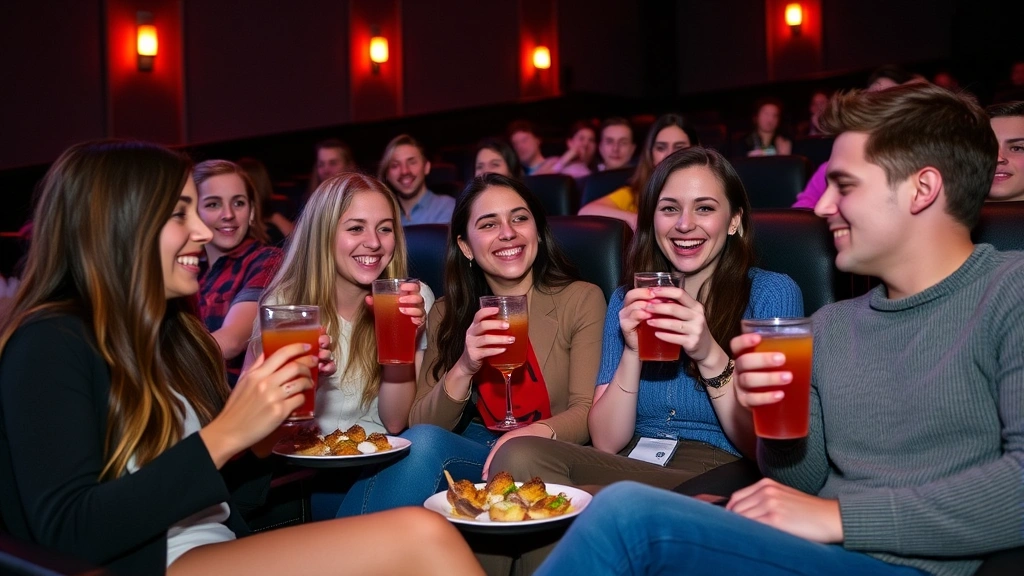 Group of young adults in cinema seating enjoying shared appetizers and beverages during pre-film period, warm atmospheric lighting, focus on social interaction and dining experience, casual elegant ambiance suggesting premium entertainment venue experience