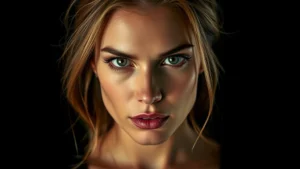 Professional actress in dramatic lighting, serious expression, dark supernatural atmosphere, moody color grading, intense eye contact, professional headshot style photography, cinematic lighting setup