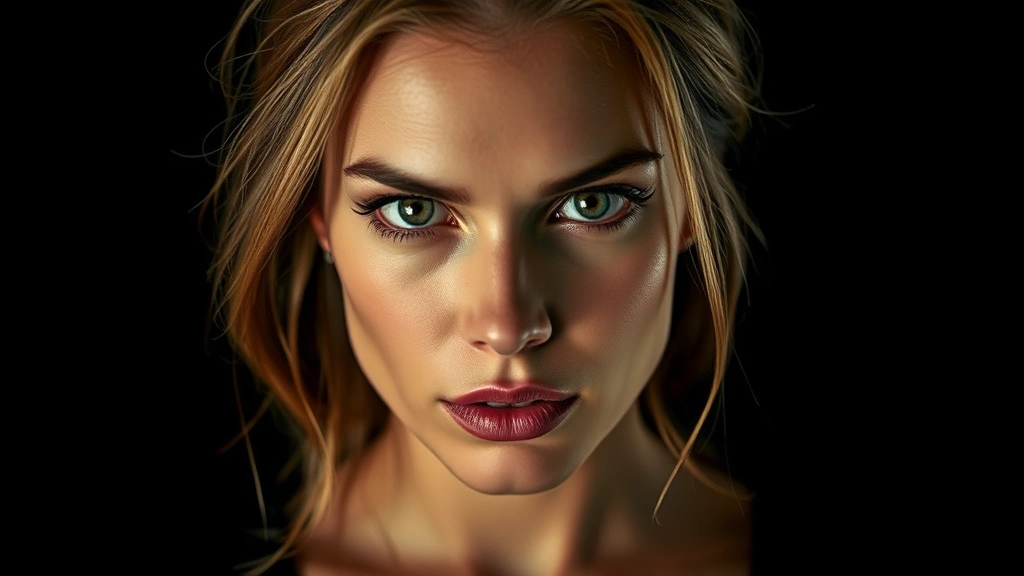 Professional actress in dramatic lighting, serious expression, dark supernatural atmosphere, moody color grading, intense eye contact, professional headshot style photography, cinematic lighting setup