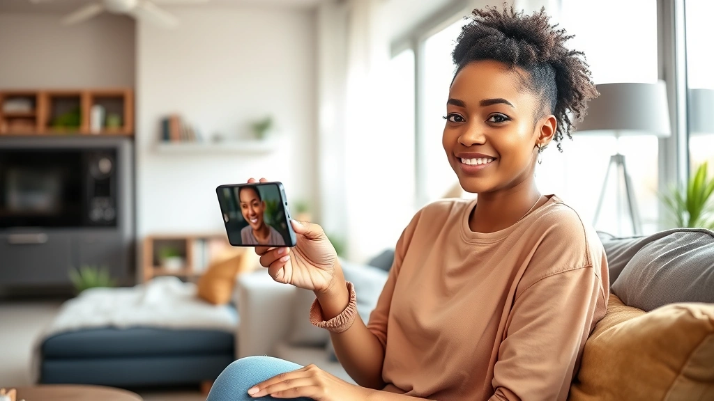 Young woman in modern living space with streaming device visible, natural daylight, casual comfortable setting, contemporary digital lifestyle, relaxed confident posture, natural hair and makeup
