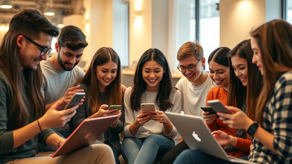 Diverse group of young people engaged with mobile devices and laptops in casual social gathering, warm lighting, collaborative atmosphere, diverse representation, genuine interaction, contemporary social media engagement scene