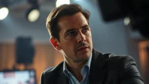 Professional actor in dramatic television scene, intense emotional performance, modern lighting setup, high production quality, focused character moment without visible text or screens