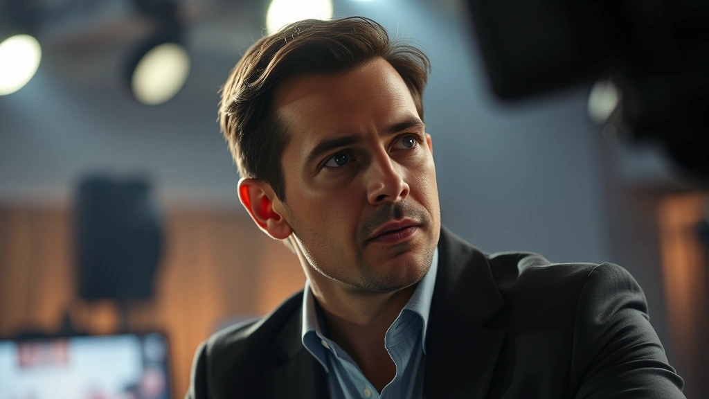 Professional actor in dramatic television scene, intense emotional performance, modern lighting setup, high production quality, focused character moment without visible text or screens