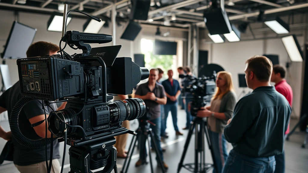 Behind-the-scenes film set with camera equipment and crew members, collaborative creative environment, professional cinematography equipment, natural studio lighting, no visible monitors or interfaces