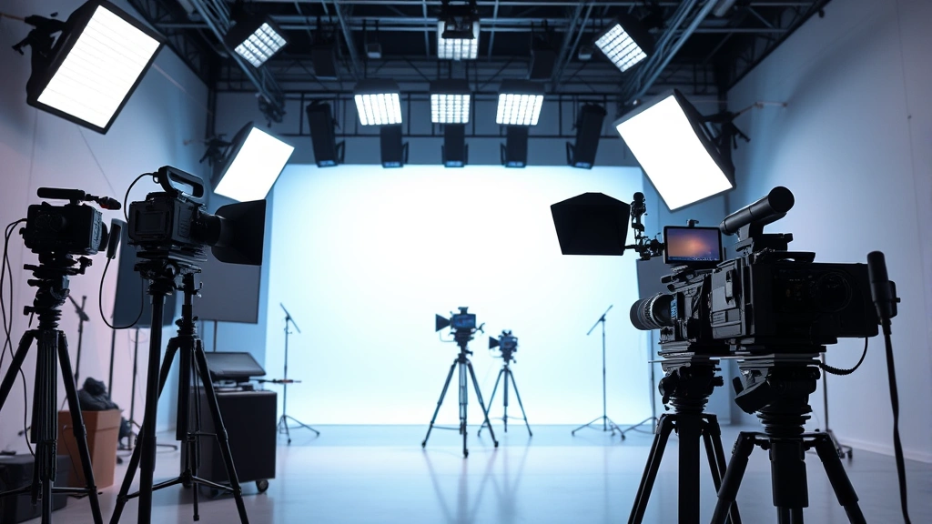 Modern streaming production environment with professional lighting rigs and broadcast equipment, contemporary media production setting, digital age filmmaking atmosphere, no visible screens or text overlays