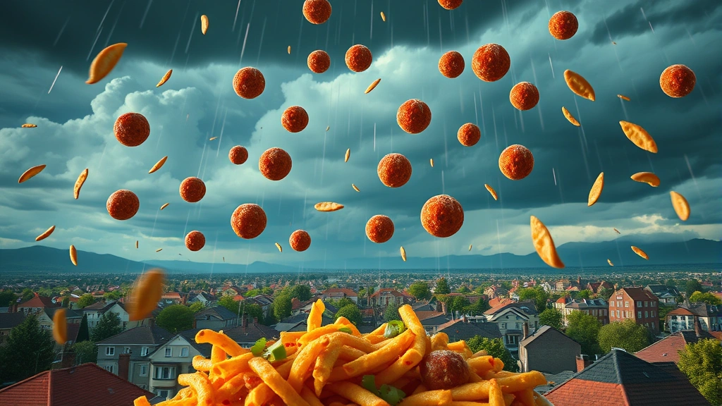 Dynamic wide shot of colorful meatballs and food raining down from stormy sky over suburban town landscape, photorealistic digital animation style with realistic lighting and atmospheric perspective, cinematic composition