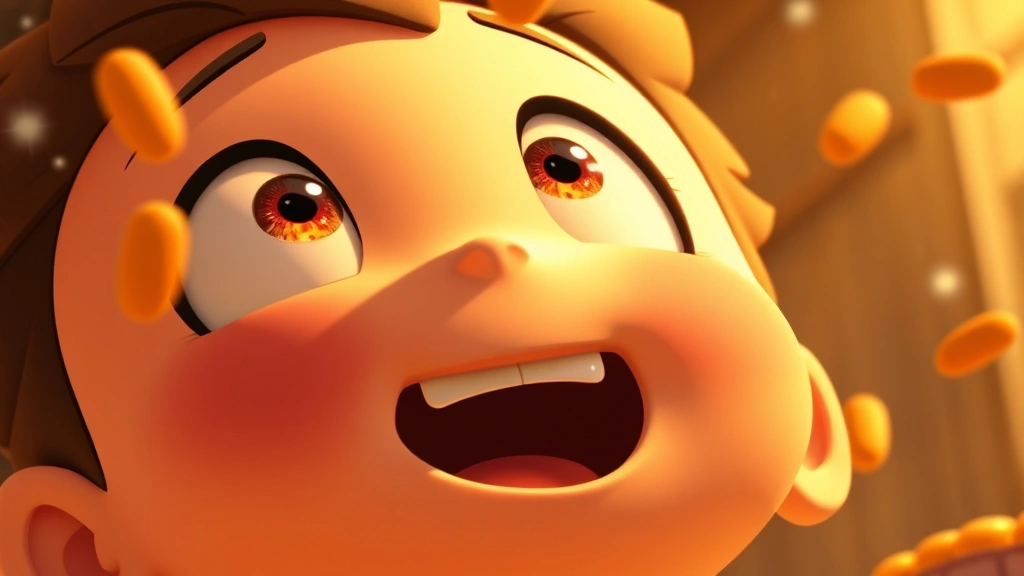 Close-up of animated character with excited expression looking upward at falling food with wonder and amazement, warm golden lighting, detailed facial animation showing genuine emotion and joy