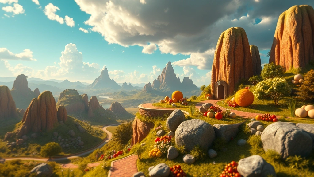 Panoramic view of fantastical animated world where food creates landscape features, with dynamic weather effects and vibrant colors, photorealistic rendering with sophisticated depth of field and cinematic camera work